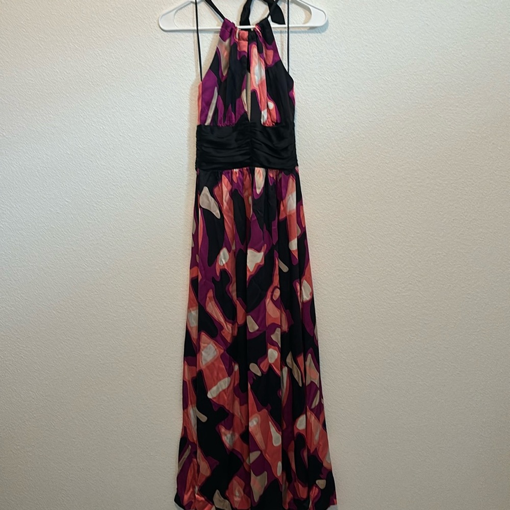 Trina Turk backless, multi colored, maxi dress size 2.